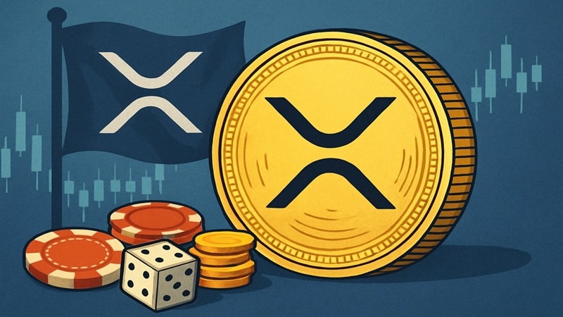 XRP cryptocurrency coin with casino chips and dice illustrating online gambling with Ripple digital currency
