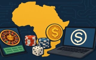 Africa map with crypto coins, casino games and laptops showing stablecoin integration in online gambling