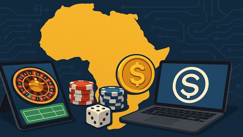 African continent map with cryptocurrency coins, online casino roulette wheel, poker chips and digital devices illustrating stablecoin adoption in gambling industry