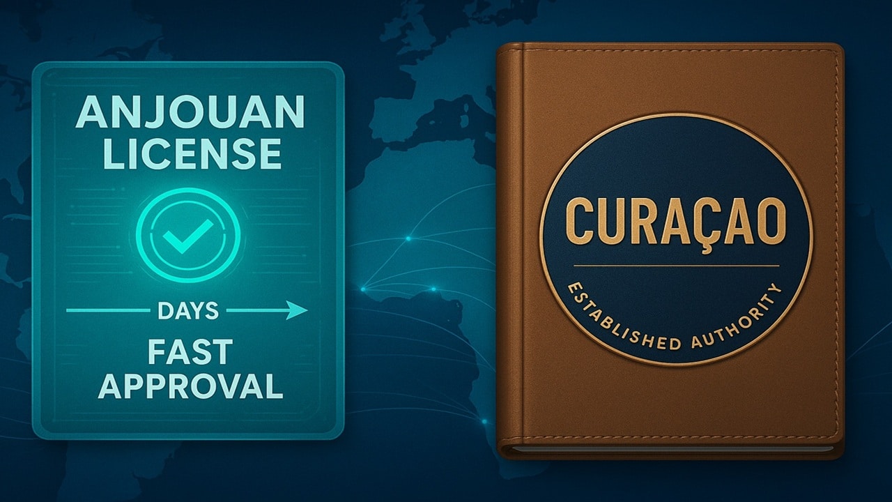 Digital comparison image showing Anjouan and Curaçao iGaming licensing regions on a world map