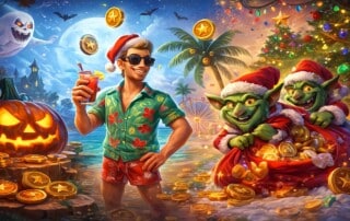 Promotional illustration featuring Halloween ghosts, Latin dancers, a festive tourist and a mischievous Christmas goblin, representing Betsoft’s Q4 2025 slot game roadmap.