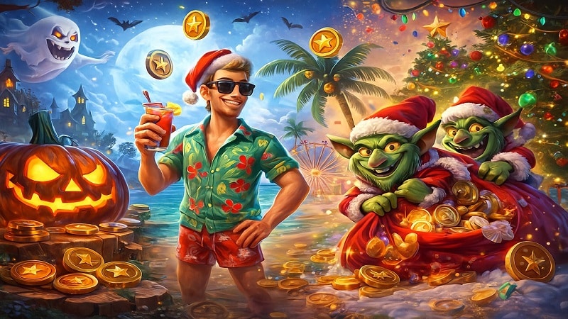 Betsoft Q4 2025 Roadmap – New Casino Games Preview Holiday-themed illustration showing characters from Betsoft’s 2025 Q4 slot releases, including Halloween, carnival and Christmas-style scenes.