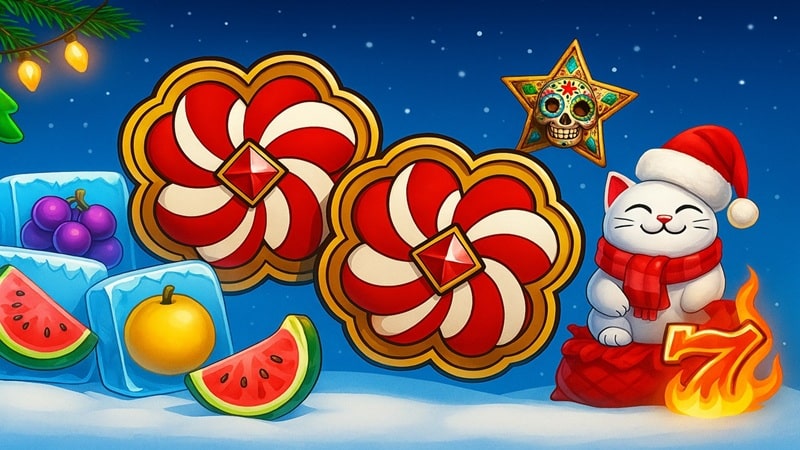BGaming Christmas festive casino slot games featuring candy canes, frozen fruit, and Maneki lucky cat