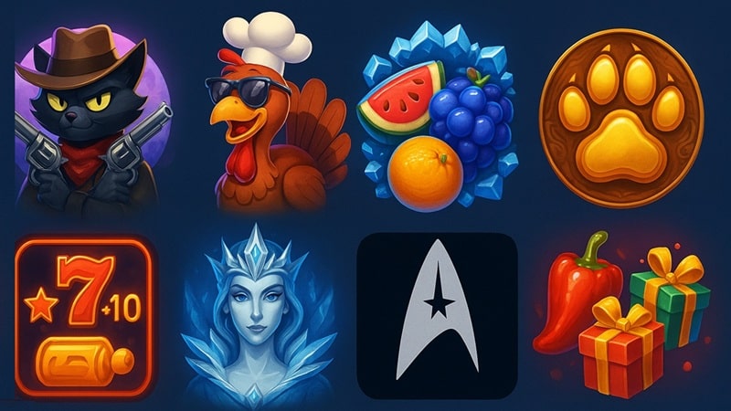 BGaming November 2025 slot preview showing characters from Wild Wick, Lucky Turkey, and Frozen Fruit slots
