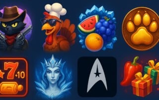 BGaming November 2025 new slot games collage featuring cowboy cat, ice queen, turkey, golden paw, and festive elements