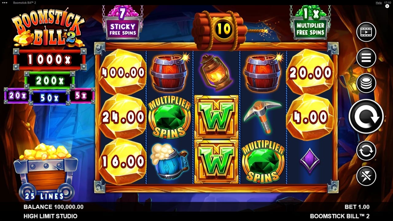 Boomstick Bill 2 slot game screenshot showing reels with multiplier free spins, sticky wilds, and bonus features by High Limit Studio