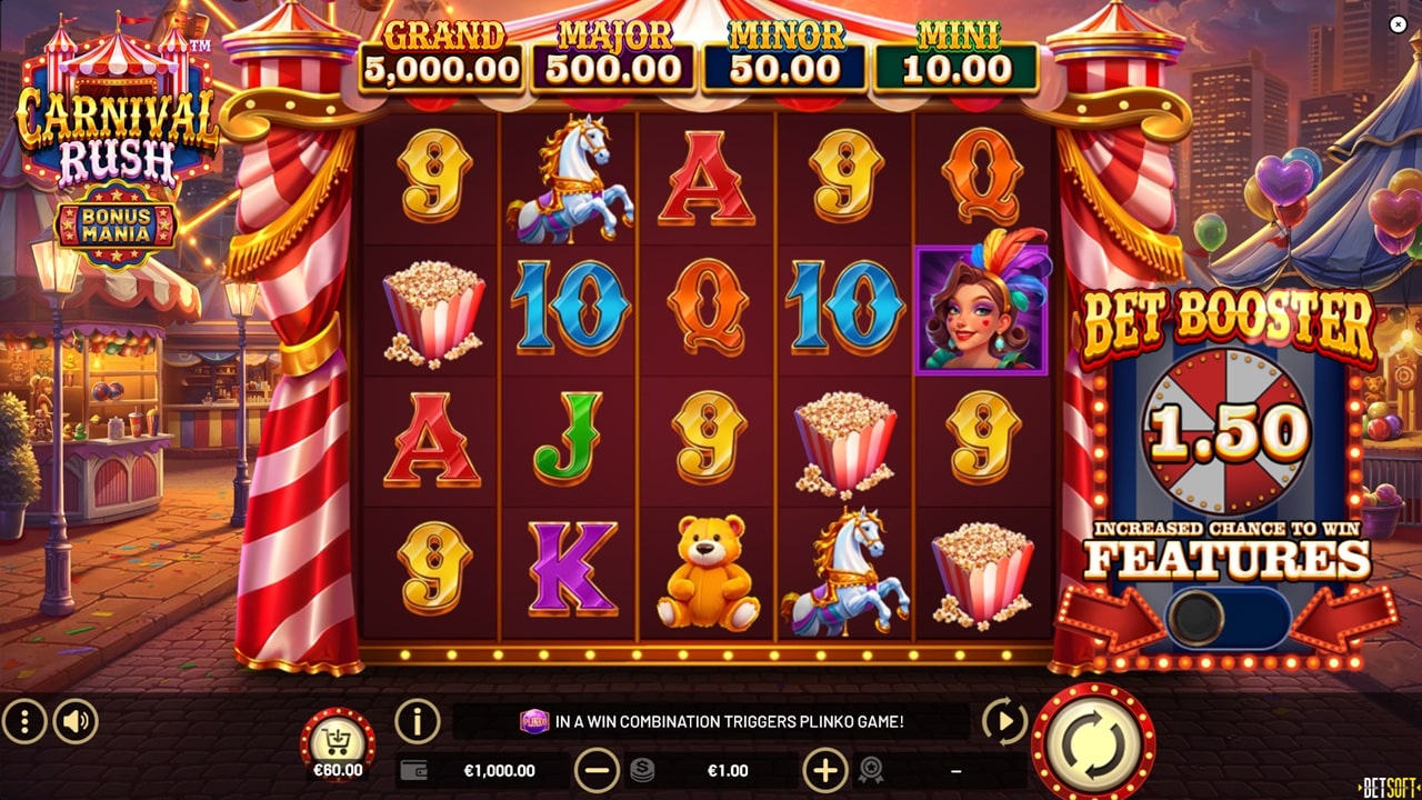Carnival Rush online slot game by Betsoft showing 5x4 reels with carnival theme, featuring popcorn symbols, carousel horses, and jackpot prizes up to 5,000 coins with Bet Booster feature