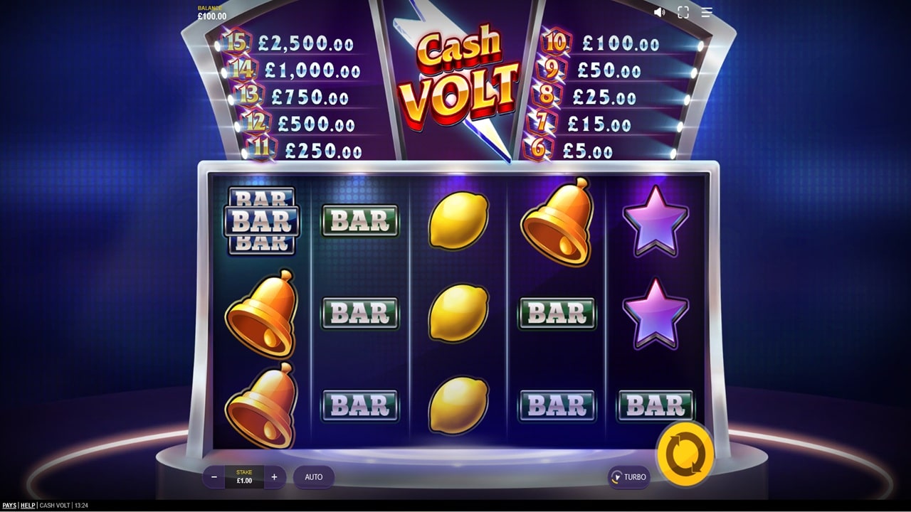 Cash Volt Online Slot – Red Tiger Gaming Cash Volt by Red Tiger online slot game showing 5x3 reels with classic symbols including BAR, bells, lemons and stars with paytable display
