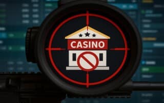 Casino building in crosshair with prohibition symbol representing gambling enforcement crackdown
