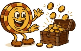 Casinoplusbonus EN mascot celebrating next to treasure chest overflowing with gold coins representing casino prize drop winnings