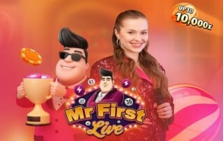 Creedroomz Mr. First Live interactive game show featuring live dealer host with cartoon character mascot, trophy, casino chips, and 10,000x multiplier bonus