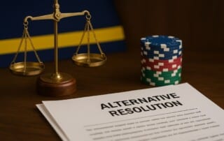 Justice scales and casino chips with Alternative Resolution document representing Curacao Gaming Authority's new ADR regulations for online casino player dispute protection