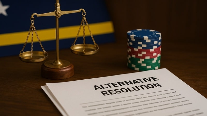Curacao Casino ADR Regulations - Mandatory Alternative Dispute Resolution for Player Protection Justice scales and casino chips with Alternative Resolution document representing Curacao Gaming Authority's new ADR regulations for online casino player dispute protection
