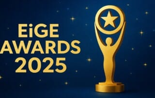 EiGE Awards 2025 trophy with gold star design on blue background celebrating European iGaming Excellence Awards winners announced in Warsaw