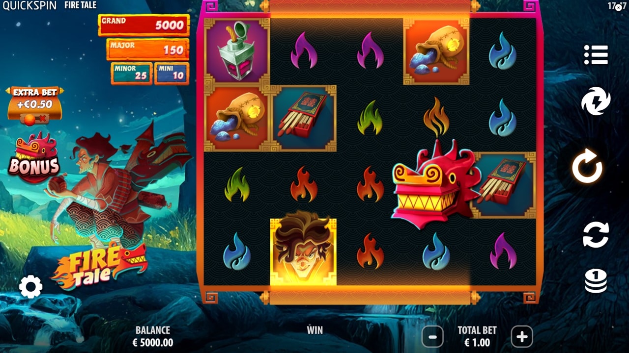 Fire Tale online slot game reels showing Chinese dragon theme with fire symbols and bonus features - Quickspin