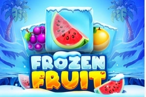 ALT Text: "Frozen Fruit slot game logo with icy winter theme featuring watermelon, grapes, and orange fruit symbols surrounded by blue ice crystals and bold yellow text on snowy background