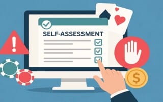 Computer screen displaying self-assessment checklist with gambling symbols including casino chips, warning sign, stop hand gesture, and dollar coin