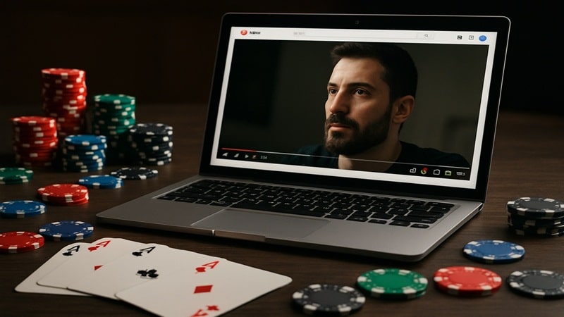 Professional poker player watching GGPoker documentary series on laptop with poker chips and cards