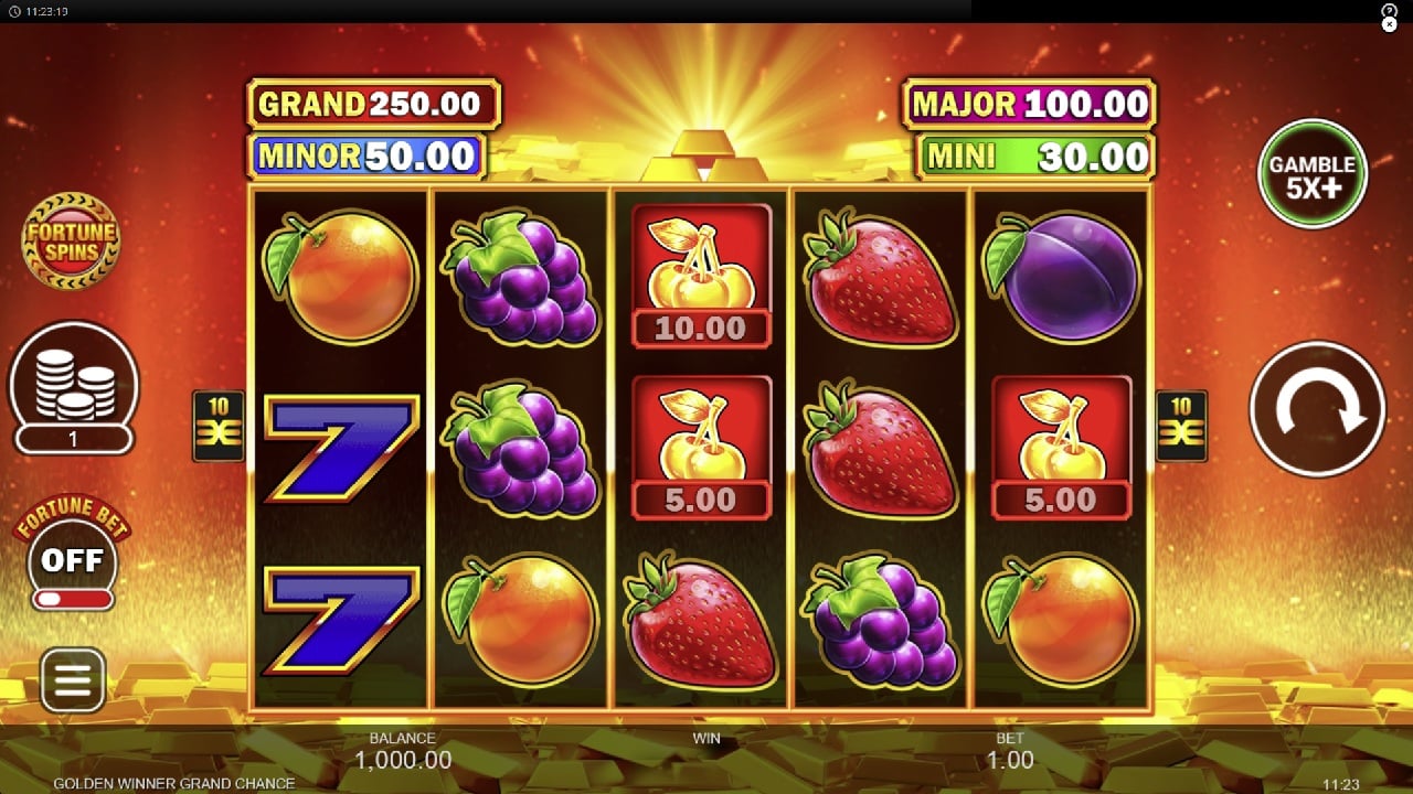 Golden Winner Grand Chance slot game reels showing fruit symbols and jackpot values by Inspired Gaming