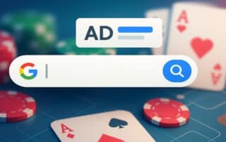 Google search bar with AD label overlaid on casino poker chips and playing cards representing online gambling advertising