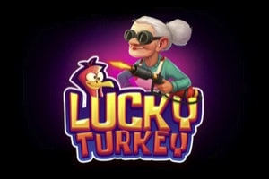 Lucky Turkey slot game logo featuring cartoon turkey character wearing sunglasses and Grandma in kitchen with bold orange and purple text on dark background