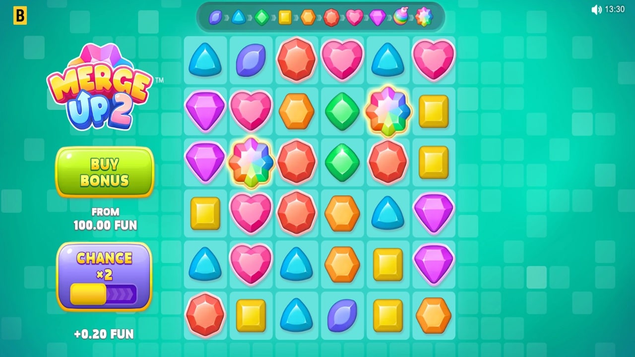 Merge Up 2 Online Slot – BGaming Merge Up 2 by BGaming online slot game showing cluster pays grid with colorful gem symbols including hearts, diamonds and special features