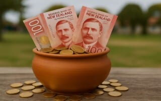 New Zealand currency in clay pot representing community funding from online casino gambling revenue