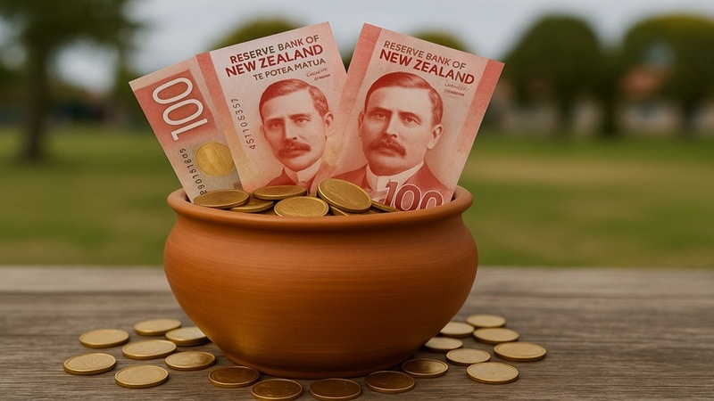 New Zealand currency in clay pot representing community funding from online casino gambling revenue