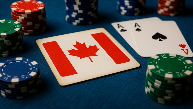Poker chips and Canadian flag card symbolizing Ontario online poker players connecting with US states network