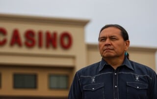 Indigenous leader standing in front of casino building representing Ontario First Nation legal dispute over casino revenue agreements