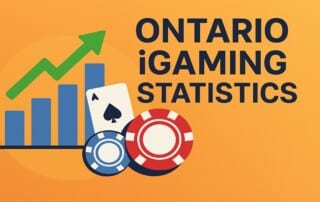 Ontario iGaming statistics for October 2025 showing upward growth trend with bar chart, casino chips, and playing cards