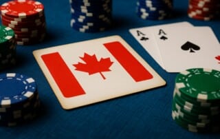 Canadian flag playing card with poker chips representing Ontario joining North American online poker network