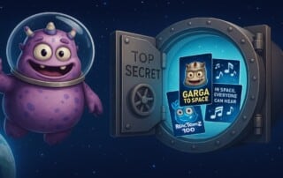 Play'n GO Garga character in space helmet next to digital vault containing Reactoonz 100 promotional materials and music playlist for record-breaking space mission campaign