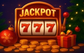 Christmas-themed jackpot slot machine with gold coins and festive decorations, illustrating the November 2025 progressive jackpot slots update.