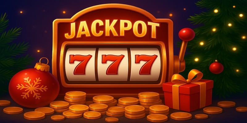 Christmas-themed jackpot slot machine with gold coins and festive decorations, illustrating the November 2025 progressive jackpot slots update.