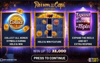 eturn to the Copa Hold and Win slot game features screen showing collect bonus symbols, hold and win mechanics, and expanding reels by Betsoft