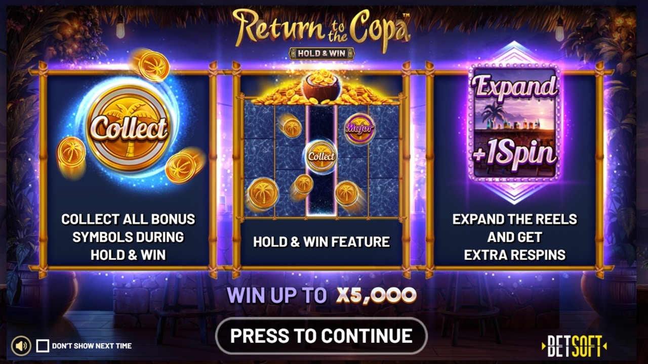 eturn to the Copa Hold and Win slot game features screen showing collect bonus symbols, hold and win mechanics, and expanding reels by Betsoft