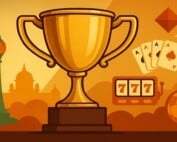 Golden trophy surrounded by gaming symbols including playing cards, slot machine, and soccer ball with Sri Lankan landmarks in background for SiGMA South Asia Awards 2025