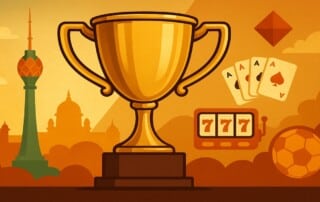 Golden trophy surrounded by gaming symbols including playing cards, slot machine, and soccer ball with Sri Lankan landmarks in background for SiGMA South Asia Awards 2025
