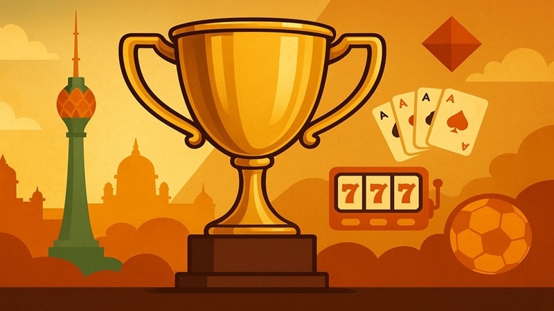 Golden trophy surrounded by gaming symbols including playing cards, slot machine, and soccer ball with Sri Lankan landmarks in background for SiGMA South Asia Awards 2025