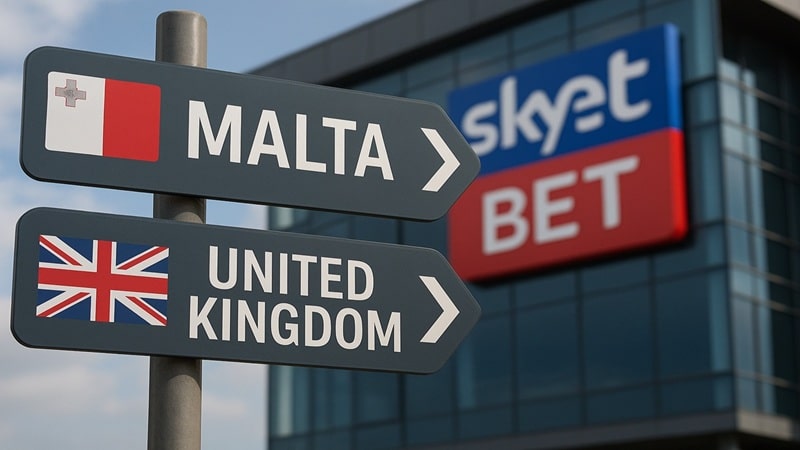 Directional signs showing Malta and United Kingdom with SkyBet logo representing gambling operator's relocation from UK to Malta