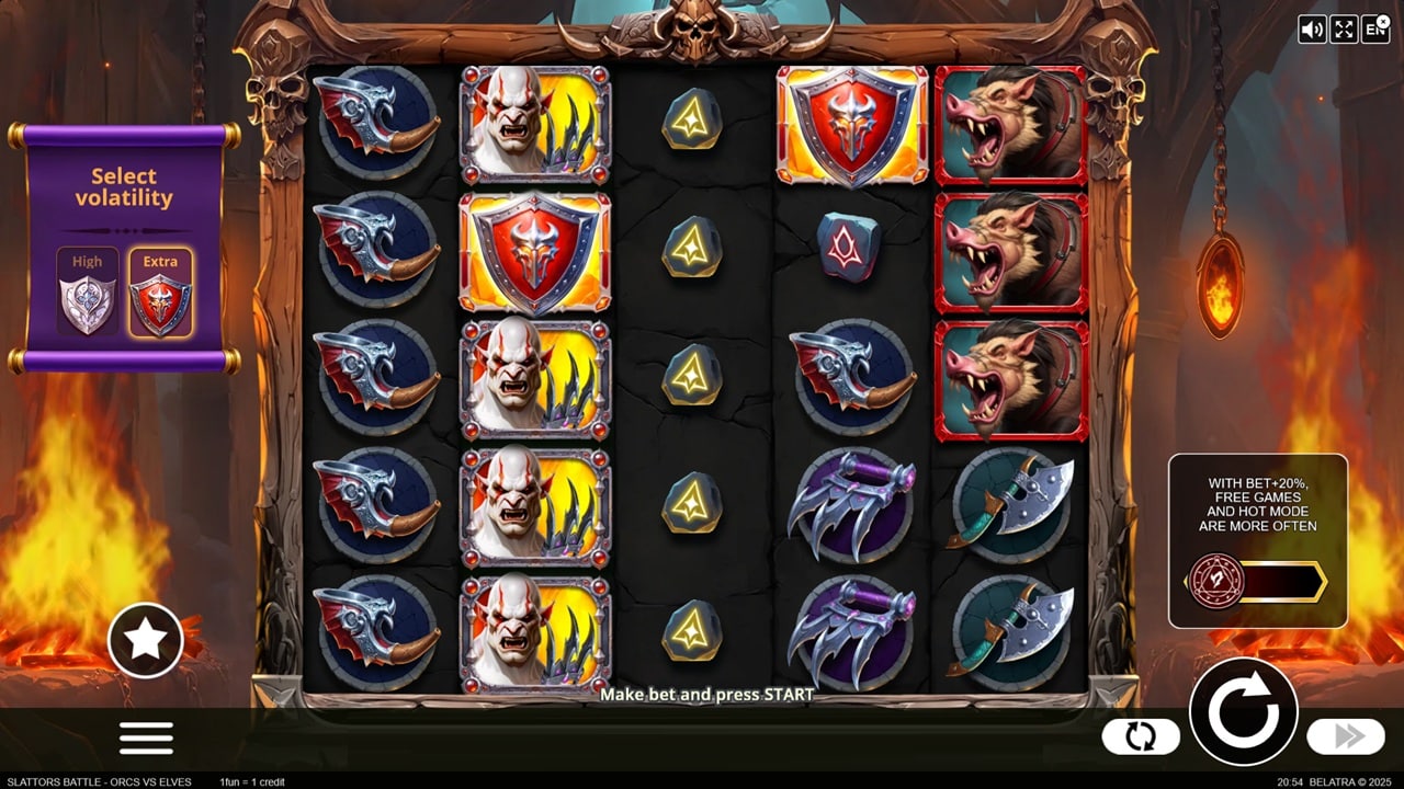Slattors Battle Orcs vs Elves online slot game screenshot showing fantasy reels with warrior symbols, shields, axes, and volatility selector