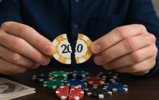 Person holding broken casino chip symbolizing gambling reduction with poker chips on table