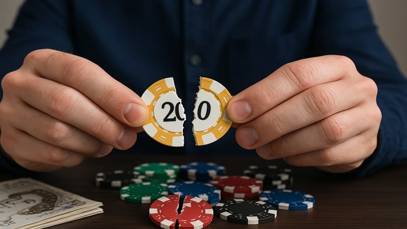 5 Million UK Players Want to Cut Back on Gambling - GambleAware Survey Person holding broken casino chip symbolizing gambling reduction with poker chips on table