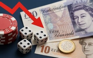 UK currency and gambling equipment with declining arrow representing 40% remote gaming duty tax increase