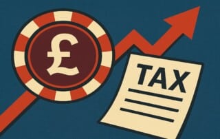 Magnifying glass examining British pound symbol with tax document and rising arrow graph illustrating increase in UK tax investigations