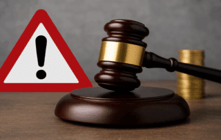 A judge’s gavel beside a warning symbol representing the UKGC’s £10 million fine issued to Platinum Gaming, operator of Unibet, in 2025.