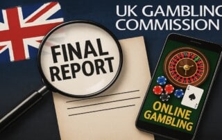 UK Gambling Commission final report on offshore online gambling market with magnifying glass, document, and smartphone displaying roulette