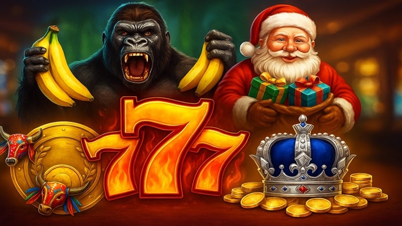 Wazdan Q4 2025 and Q1 2026 slot releases featuring Mighty Wild Gorilla, Santa's Gift Frenzy, Mighty Hot 777, Bumba Meu Boi Coin, and Hot Slot Platinum Coins games
