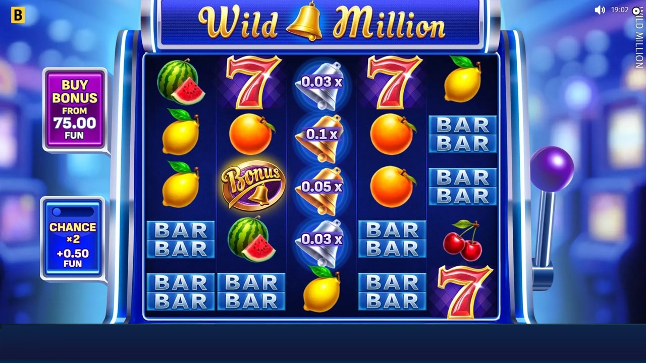 Wild Million online slot gameplay screenshot showing reels with fruit symbols, lucky sevens, and BAR symbols by BGaming